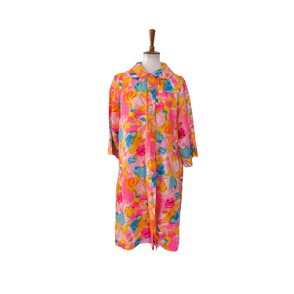 VINTAGE 1960s Saybury Floral Housecoat Robe Pink L Large